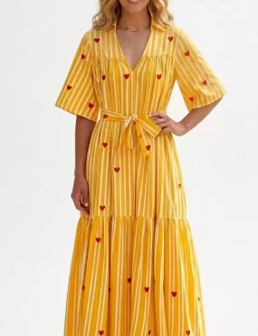 Yellow Striped Heart-Print Tiered Maxi Dress
