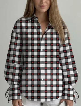Oversized Gingham Heart-Print Shirt